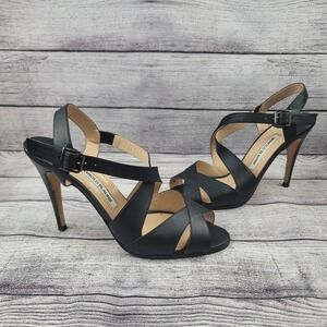 Manolo Blahnik Etola Leather Crisscross Sandal, Black Size 40.5 EU / 10.5 US